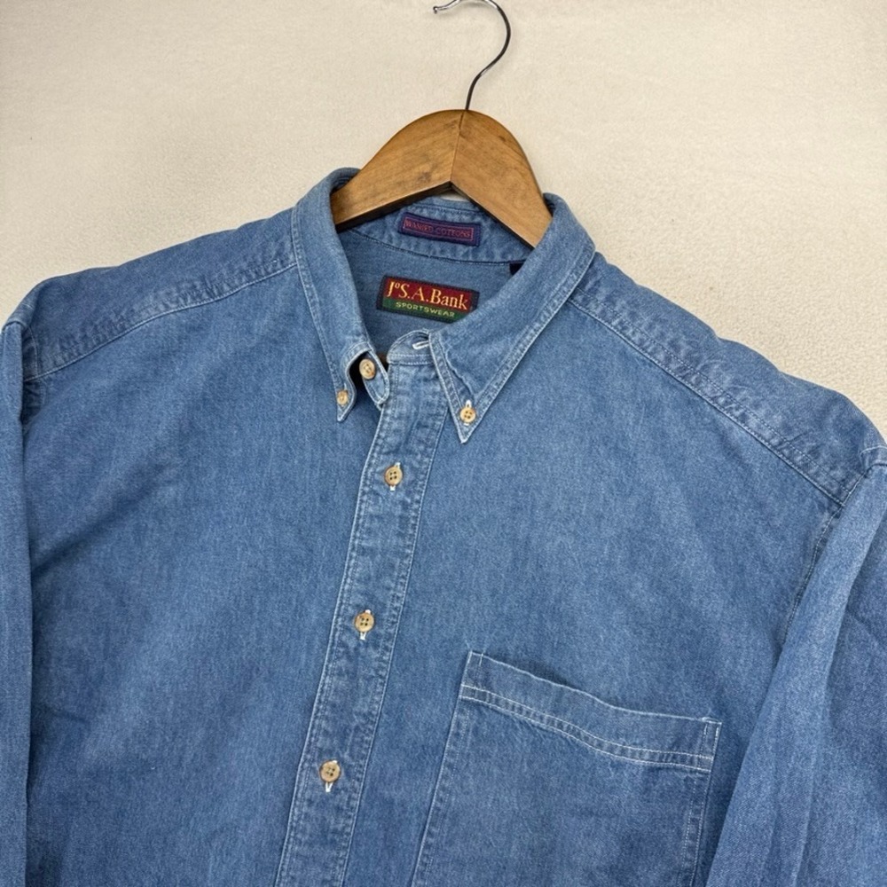 Vintage Jos A Bank Denim Shirt Men's large Blue Button Down Washed Cotton 90s